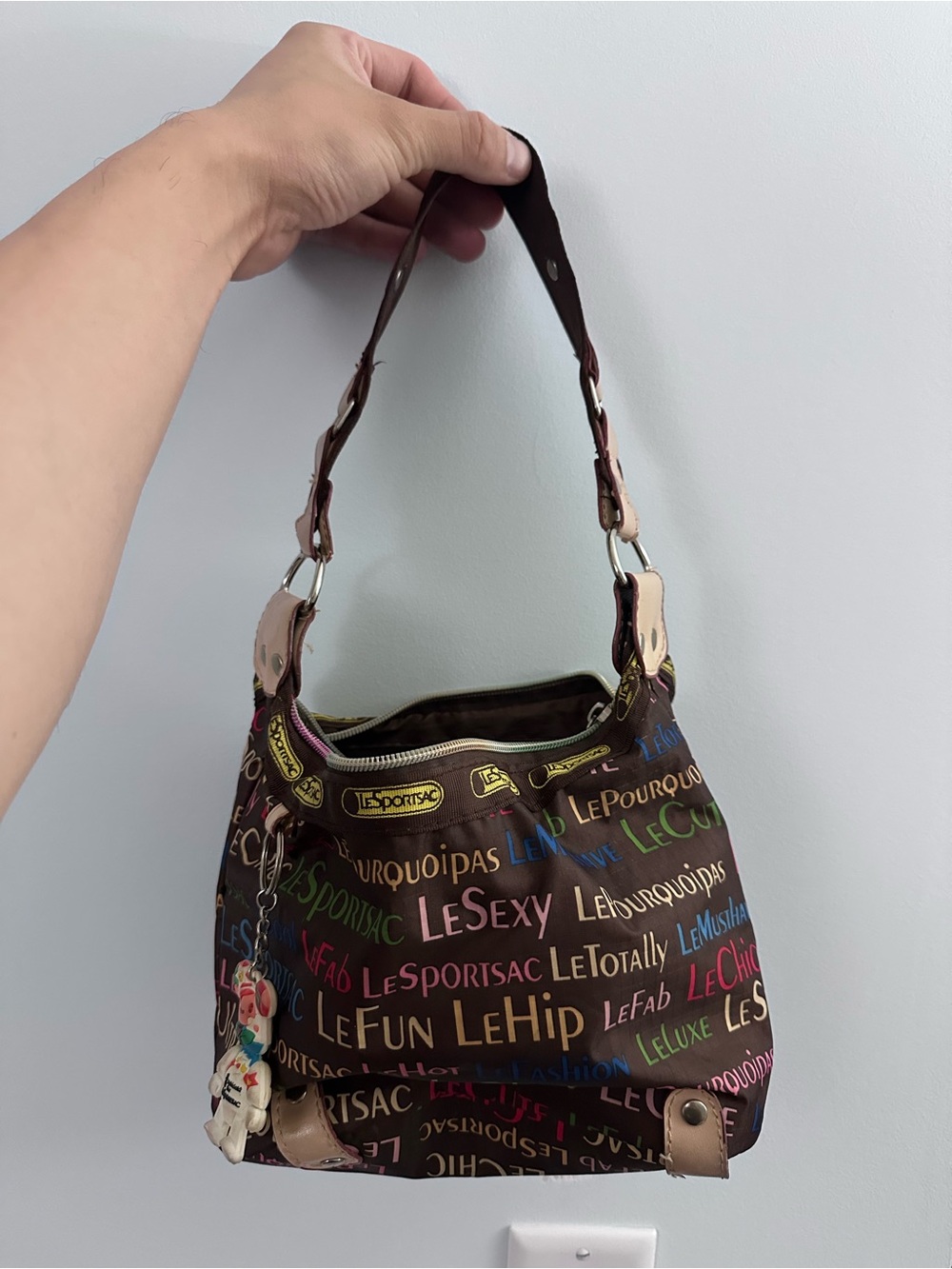 Lesportsac Brown Shoulder Bag with Multicolor Logo Print